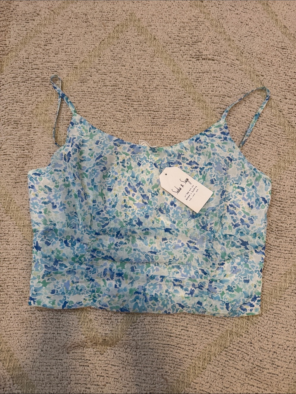 Sadie & Sage NWT Blue Floral Smocked Cami Crop Top Size Large